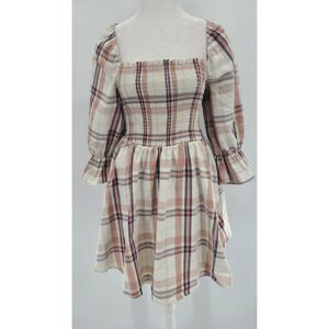 Audrey Parks Babydoll Smocked Plaid Womens Dress Small Praire Puff Ruffles